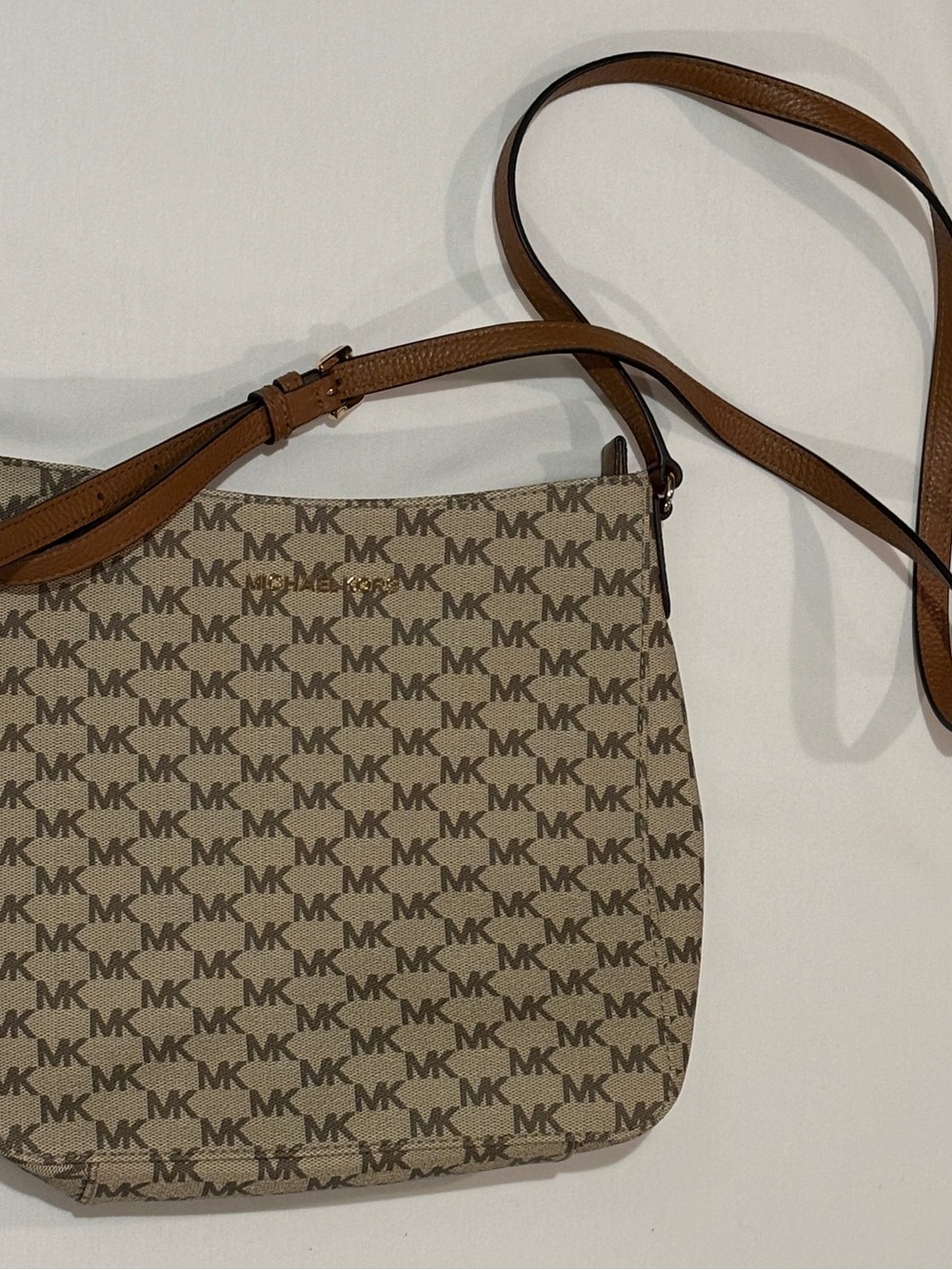 Michael Kors MK Monogram Crossbody Bag Brown PVC Leather Trim Adjustable Strap